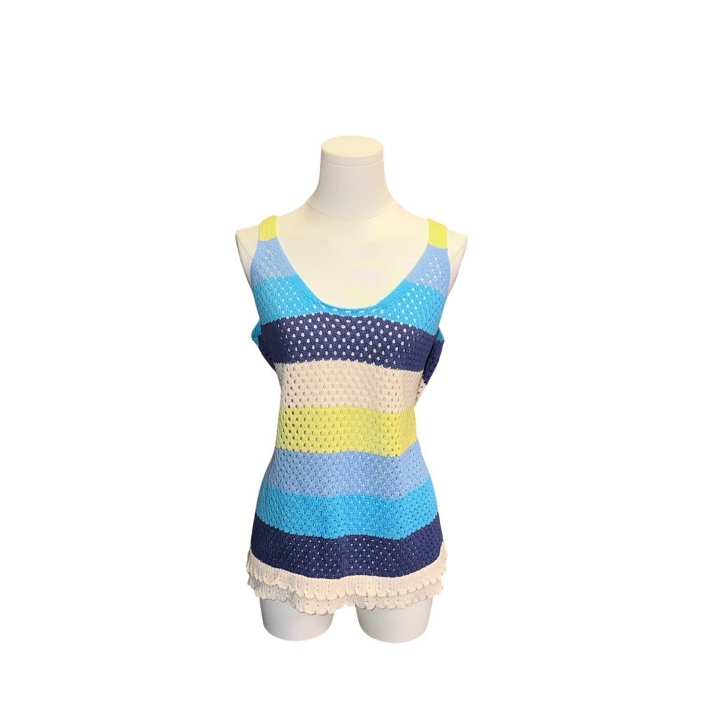 Design 365 Womens XL Cotton Crochet Knit Striped Boho Scalloped Hem Tank Top